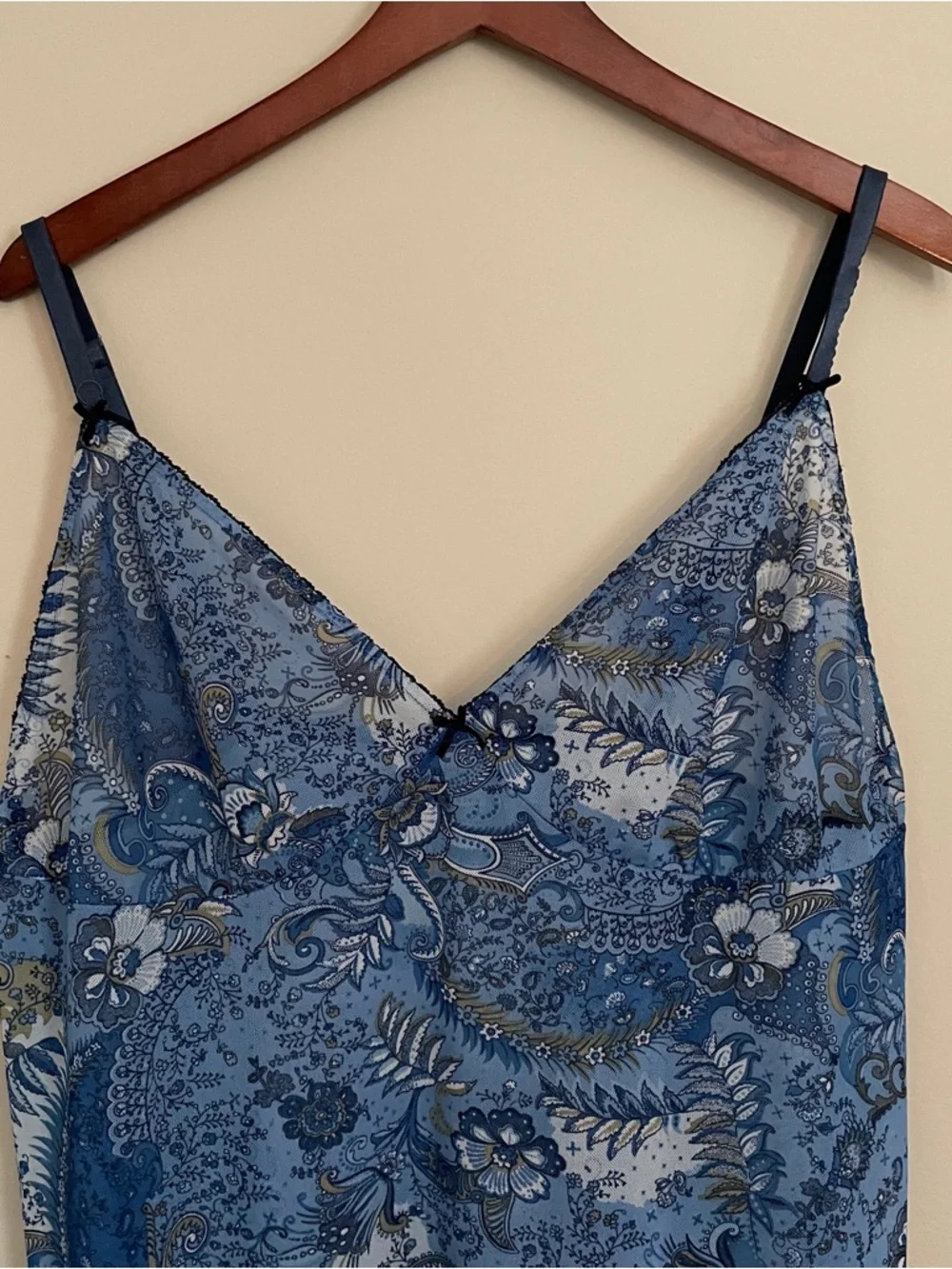 Vintage Blue Floral Satin Slip Chemise with Navy Straps - Picture 2 of 11